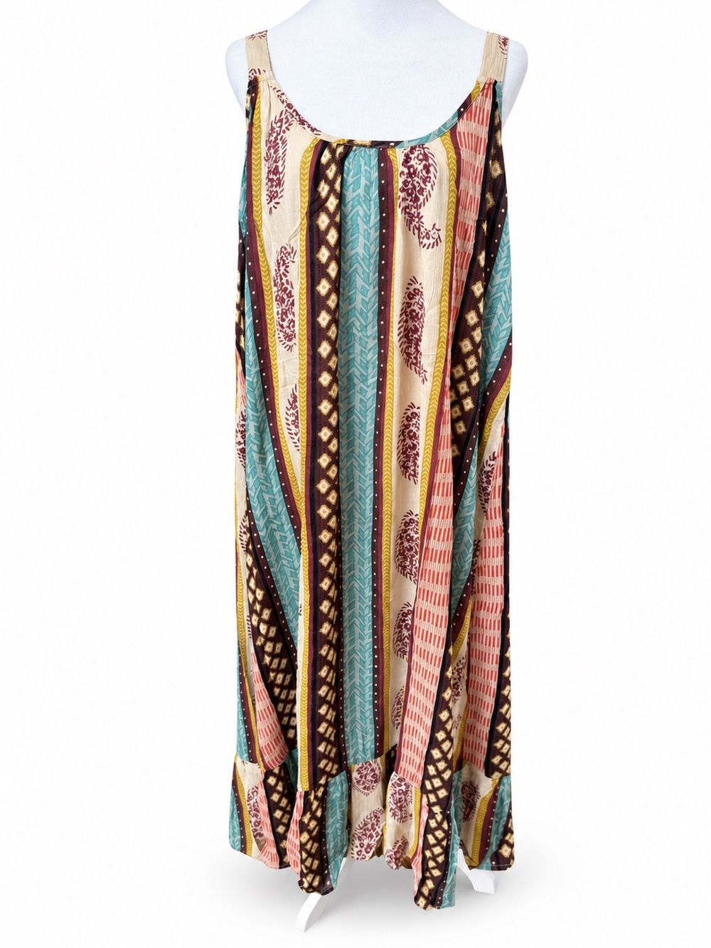 Rhea Boho paisley striped sleeveless maxi dress brown turquoise cream festival